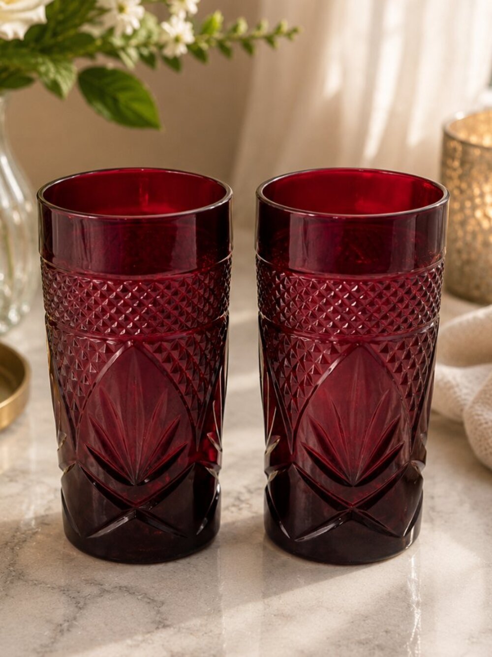 Cristal D'Arques-Durand Luminarc "Antique" ruby red pressed glass tumblers Set 2